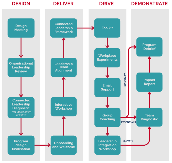 Connected Leaders program flowchart showing Design, Deliver, Drive, and Demonstrate phases.